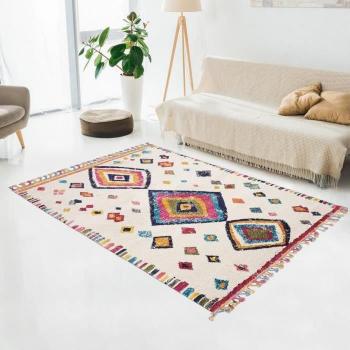 Alfombra bereber multicolor 200x290 cm, tejido estampado étnico Ourika 4 marfil