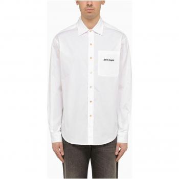 Palm Angels Men's Cotton Shirt with Logo - White, Size 48, PMGE024S24FAB001