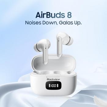 Blackview Airbuds 8 Auriculares Bluetooth Inalámbricos con Cancelación Activa de Ruido, Carga Inalámbrica, Micrófono Integrado, Diseño Portátil y Color Blanco