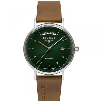 Bauhaus Automatic Men's Watch Green Silver with Brown Leather Strap, Day-Date Mechanism