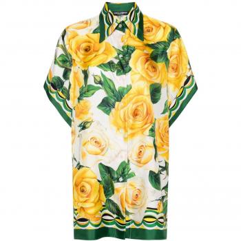 Dolce & Gabbana Women's Printed Silk Shirt in White, Size 42, F5P87THI1QGHD3VO, Rose Print Silk Shirt with Contrasting Trim
