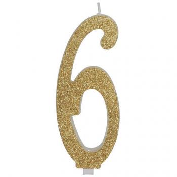 Vela Escarchada Oro Número 6, de 12.5 cm
