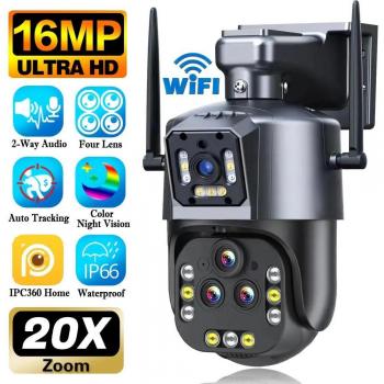 Cámara de vigilancia WIFI 16MP 8K con zoom 20X, seguimiento automático AI, cuatro lentes, CCTV inalámbrica para exteriores, cámara IP de seguridad para hogar inteligente sin tarjeta