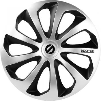 Sparco SPC1573SVBK 1 Juego de 4 Tapacubos color plata/negro modelo Sicilia diseño deportivo, 15 pulgadas, Set de 4