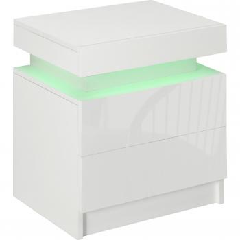 HOMCOM Mesita de Noche con Luz LED y Mando a Distancia, 2 Cajones de Alto Brillo, para Salón o Dormitorio, Color Blanco, Dimensiones 45x35x52 cm