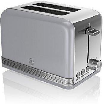 Swan Retro 2-Slice Toaster with Wide Slots and Vintage Design, 3 Functions: Defrost, Reheat, Cancel, 6 Levels of Browning Control, Stainless Steel, Grey