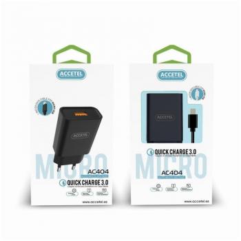 Cargador de Pared Carga Rápida QC3.0 18W con Cable Micro USB Negro AC404