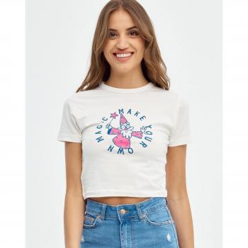 Camiseta crop slim de mujer con manga corta, cuello redondo y estampado gráfico INSIDE