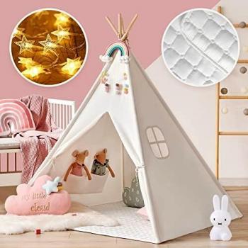 Tiny Land Kids Teepee Tent with Mat & Light String& Carry Case- Kids Foldable Play Tent for Indoor Outdoor, Raw White Canvas Teepee - Kids Playhouse - Portable Kids Tent