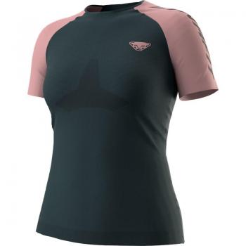 Camiseta de Manga Corta Dynafit Ultra 3 S-Tech para Mujer, color azul noche con detalles en rosa, talla M-L