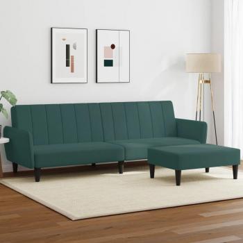 Dark Green Velvet 2-Seater Sofa Bed with Footstool