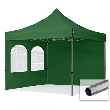 Carpa Plegable 3x3m Premium Acero 40mm con Laterales y Ventanas Arco, Verde Oscuro