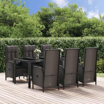 vidaXL 7-Piece Black and Grey Poly Rattan Garden Dining Set with Cushions
