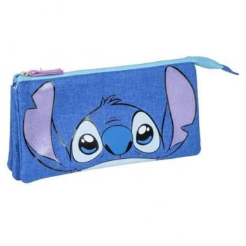 Estuche Triple Cerda Disney Stitch - 3 Compartimentos, Color Azul, 22,5 x 21,5 x 2 cm - Licencia Oficial para Niñas y Niños