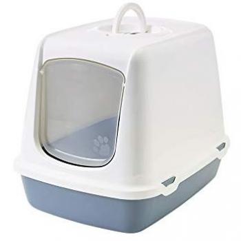 Arenero Gatos Oscar Azul y Blanco - Aseo Higiénico con Puerta Abatible y Filtro Integrado