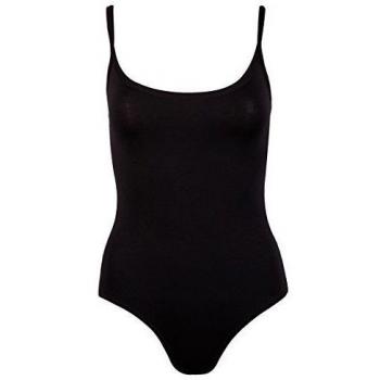 Ladies cuello redondo sin mangas sábana bajera ajustable Cami para mujer sin mangas correa body Top negro Black Sleeveless Cami Bodysuit M/L