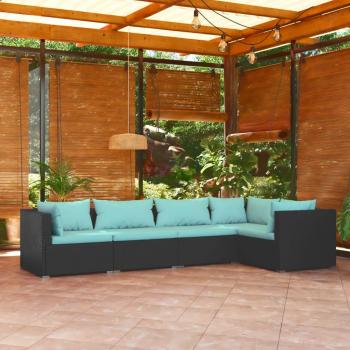 5-Piece Black Poly Rattan Garden Lounge Set with Cushions