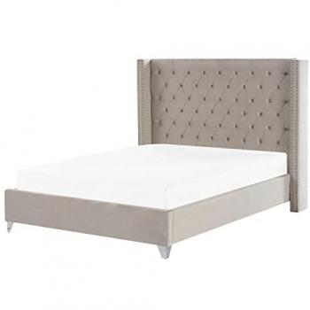 Cama Super King Size de Terciopelo Gris Claro 180 x 200 cm con Cabecera Tapizada y Detalles en Tachuelas