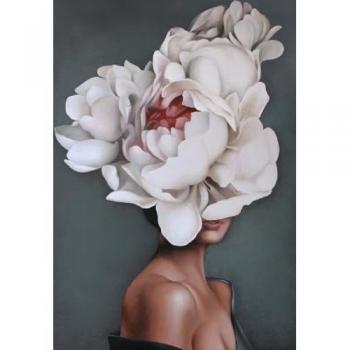 Impresión sobre Lienzo Mujer y Flores 02, Poliéster, Madera, Rosa, Blanco y Azul, 50x3x70 cm
