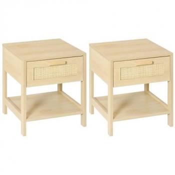 Conjunto 2 Mesitas de Noche HOMCOM, mesillas de noche con cajón de ratán y estante inferior, carga máxima 40 kg, dimensiones 40x40x48 cm, para dormitorio o sala