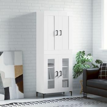 Aparador alto de madera contrachapada blanco brillo 69,5x34x180 cm con 2 puertas de cristal, mueble de almacenaje para salón, buffet y armario auxiliar