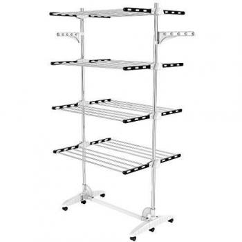 Estante para Secado de Ropa Plegable, Tendedero de Acero Inoxidable, 4 Estantes, Carga Máxima 3 kg por Barra, con Alas y Ruedas