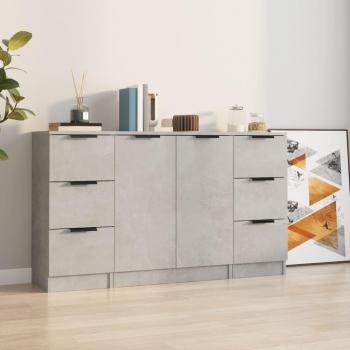 Aparador moderno de 3 piezas en madera contrachapada con acabado gris cemento, mueble de almacenaje para salón, buffet y armario auxiliar