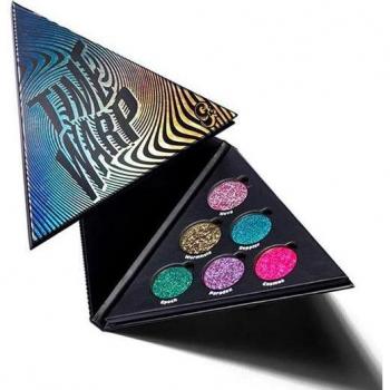 Glisten Cosmetics Time Warp Pressed Pigment Palette - A vibrant, multi-colored pressed pigment palette featuring 12 highly pigmented shades in a mix of matte and shimmer finishes, designed for bold eye looks with excellent blendability and long-lasting we