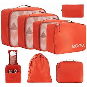 Eono by Amazon - 8 Set Cubos de Embalaje, Organizadores para Maletas, Equipaje de Viaje Organizadores, con Bolsa de Zapatos, Bolsa de Cosméticos y Bolsa de Lavandería, Naranja