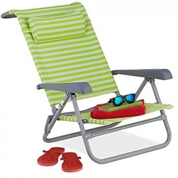 Tumbona Playa Plegable Reclinable 8 Niveles con Reposacabezas y Abrebotellas, Rayas Verde y Blanco - Relaxdays