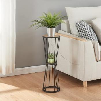 Soporte para Plantas en Forma de Reloj de Arena Fossbergom - 2 Niveles, Metal y MDF, 62xØ20cm - Negro con Efecto Roble