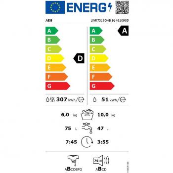 AEG Lavasecadora LWR7316O4B Serie 7000 ProSteam DualSense 10kg lavado / 6kg secado 1600rpm Motor Inverter Clase A/D Blanco WiFi Libre Instalación