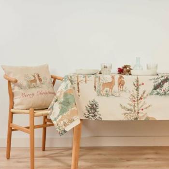 Mantel resinado antimanchas colección Christmas de Navidad - 100% algodón - Impermeable para la mesa de la cocina y comedor - Diseño ciervo en tonos marrón, rojo y verde - Tamaño 140 x 140 cm