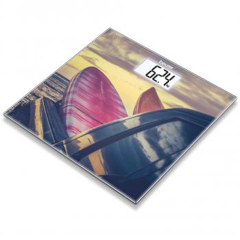 Beurer GS 203 - Báscula de baño de vidrio, pantalla LCD blanca, diseño tablas de surf