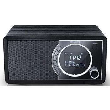 Sharp DR-450(BK) Radio Despertador con Bluetooth 4.2, Sintonizador DAB/DAB+/FM, Pantalla LCD, Carcasa de Madera y Panel Frontal de Acero Inoxidable, Potencia Máxima 6W