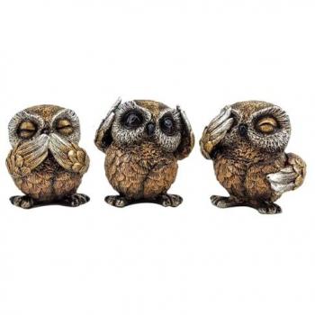 Búhos Decorativos en Resina - Familia de 3 U - Marrón - 8x8x6cm
