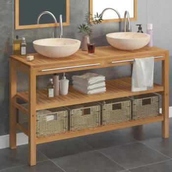 Mueble tocador de baño de madera maciza de teca con lavabos de mármol crema Día y Noche
