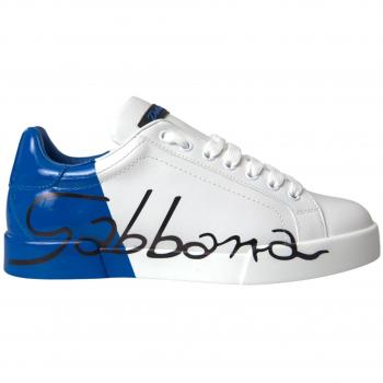 Dolce & Gabbana White Blue Leather Logo Low Top Sneakers - EU46/US13, Multicolor, Size: 7 1/2 US