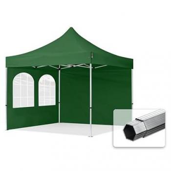 Gazebo Plegable 3x3m Profesional de Aluminio 40mm con Laterales y Ventanas, PES 800, Verde Oscuro