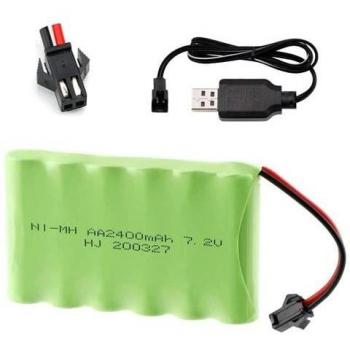 Batería Recargable Ni-MH 7.2V 2400mAh AA para Vehículos RC con Conector SM-2P y Cable USB - Verde