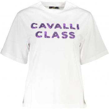 Cavalli Class Elegant White Cotton Tee with Designer Print - S