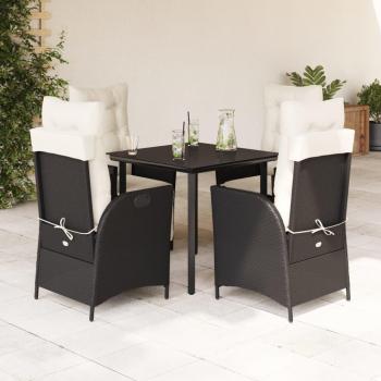 5 Piece Black Poly Rattan Garden Dining Set with Cushions