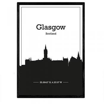 Póster A4 de Mapa de Glasgow, Escocia - Lámina con Skyline Europeo y Sombra Negra (sin marco)