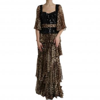 Dolce & Gabbana Brown Leopard Sequined Tiered Long Gown Dress - IT44 | L