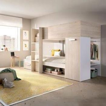 Cama Tren Kos 2 Camas + Armario + Cajón + 2 Compartimentos + Barra Natural 150x246x112 cm - Blanco/Natural Alistonado
