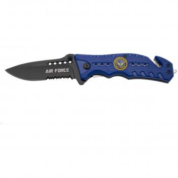 Navaja de seguridad asistida Third K2769BLS con mango ABS azul y emblema Air Force, hoja de acero inoxidable con sierra de 10,1 cm - Incluye funda de nylon, cutter y punta rompevidrio