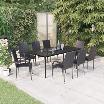 9-Piece Black Garden Dining Set with Cushions