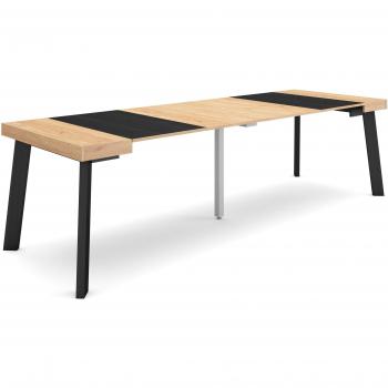 Mesa Consola Extensible 260 cm para 12 Comensales, Patas de Madera, Estilo Moderno, Roble y Negro