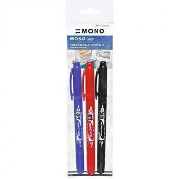 Tombow MONO Twin Permanent Marker, 3-Pack, Black/Blue/Red