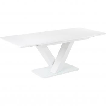 Mesa de comedor extensible Beliani en MDF blanco con tablero de vidrio templado, capacidad para 6 personas, dimensiones 160/200 x 90 cm, diseño moderno